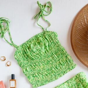 Charlie Holiday Nixon Top Floral Smocked Tie Strap Crop Tank Green NWT‎ Size 6